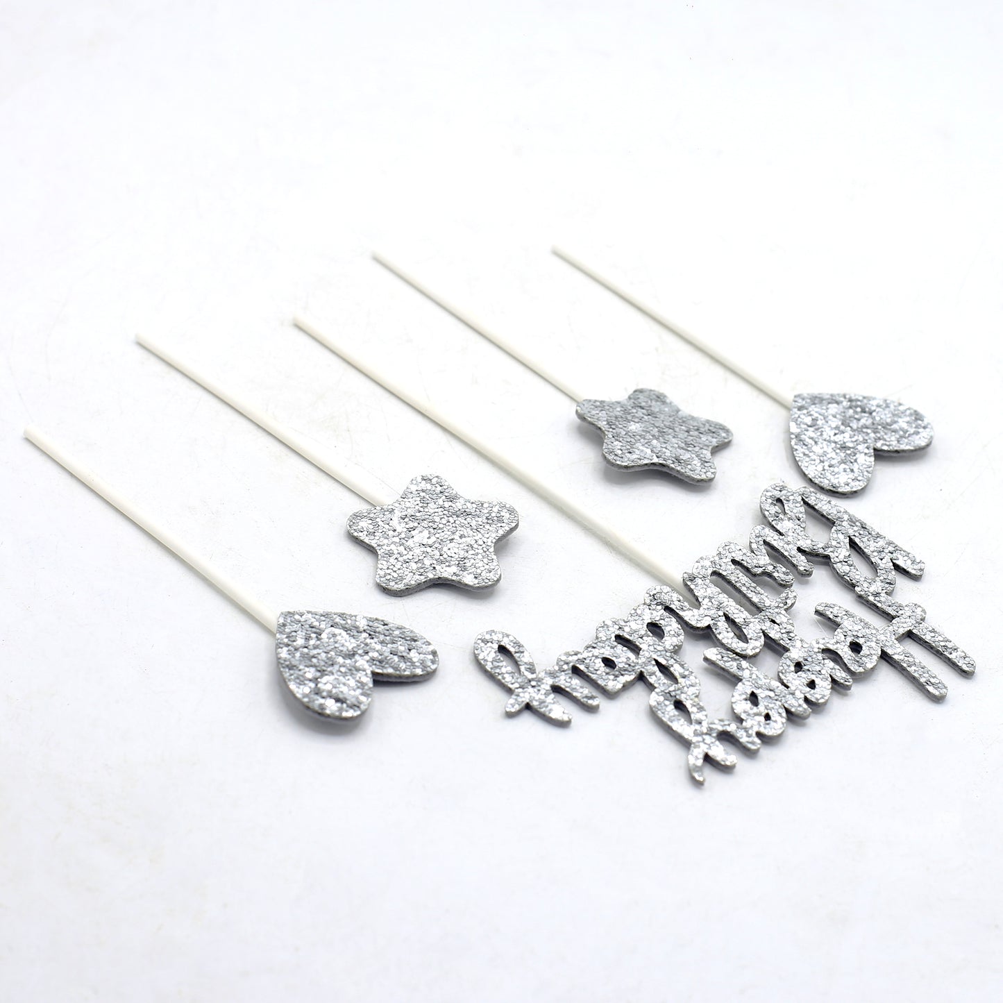 Happy Birthday, Heart & Star Cake Topper Silver