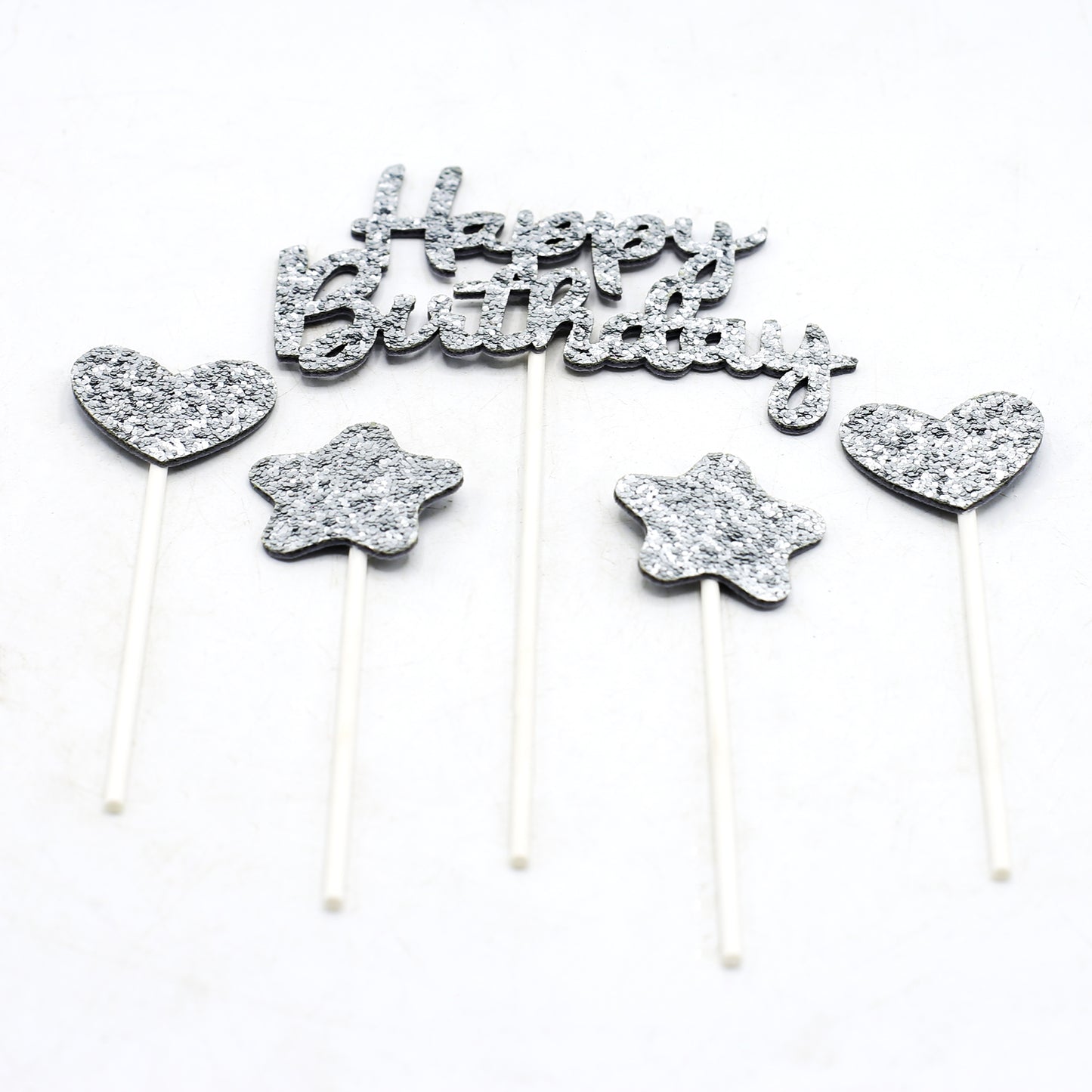 Happy Birthday, Heart & Star Cake Topper Silver