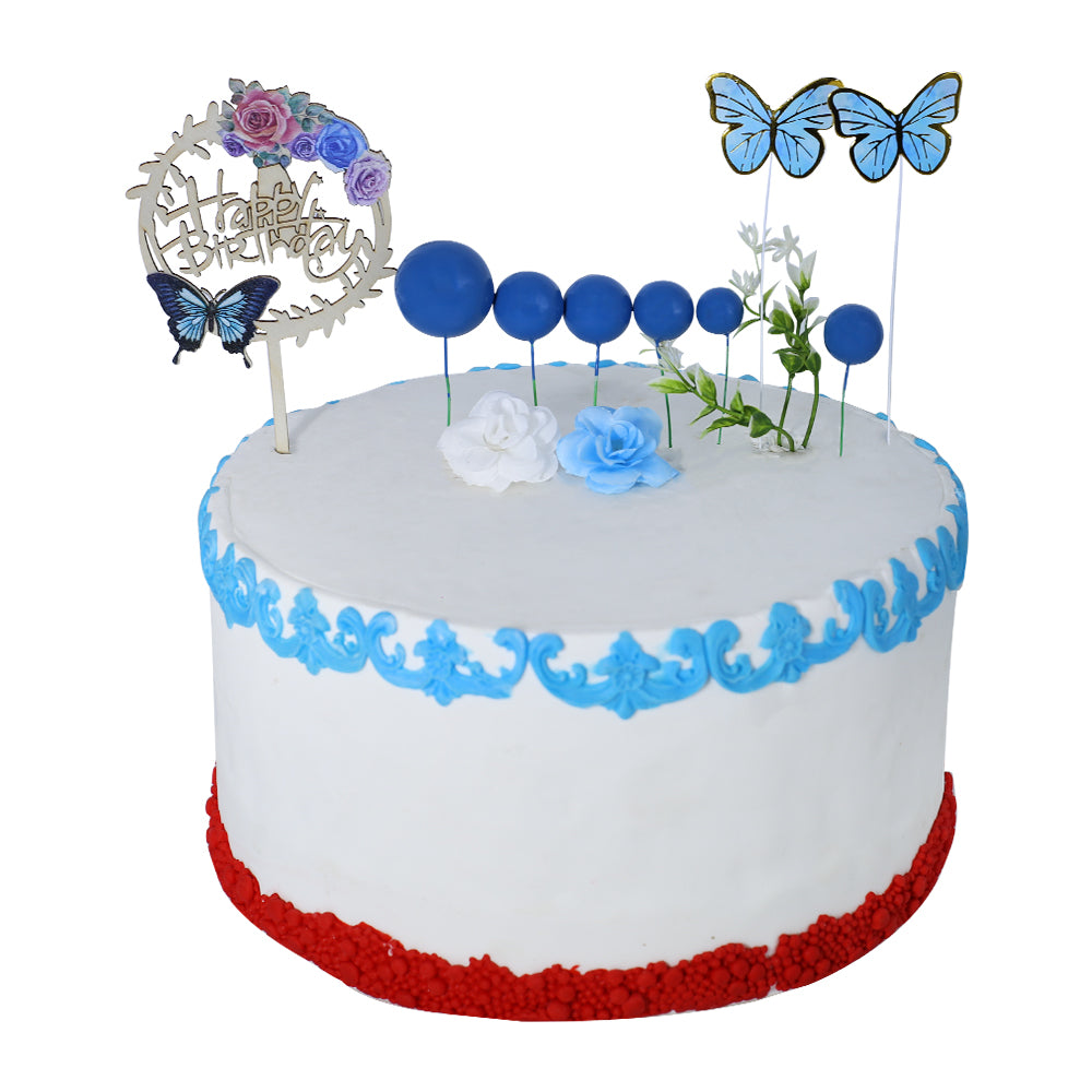 Happy Birthday Cake Topper With Faux Ball, Butterfly, And Flower 12Pcs Set (Blue)