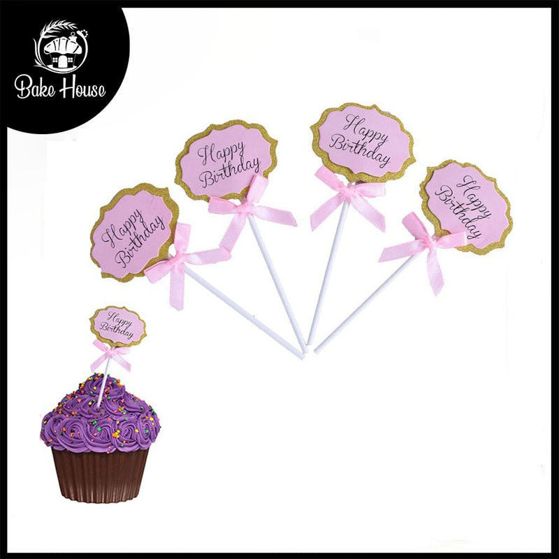 Pink Happy Birthday Cupcake Topper 4 Pcs Pack