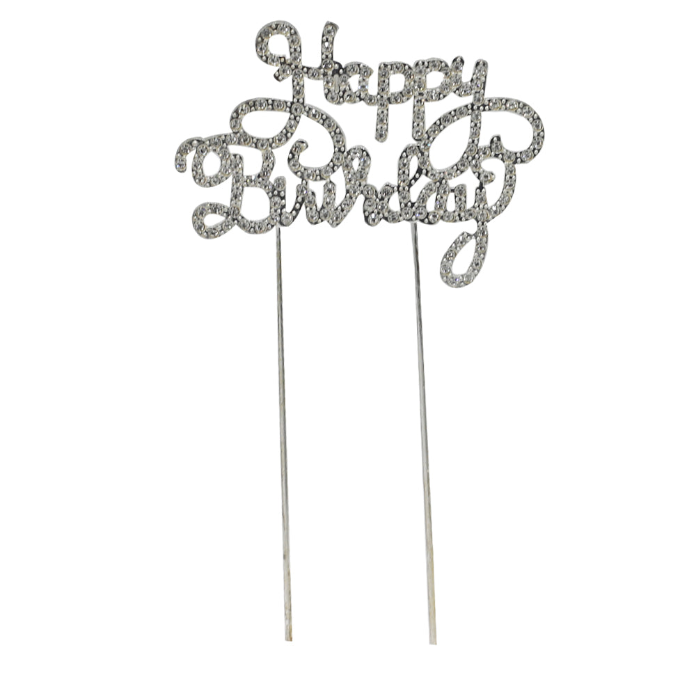 Happy Birthday Cursive Writting Cake Topper Silver With Silver Nugs