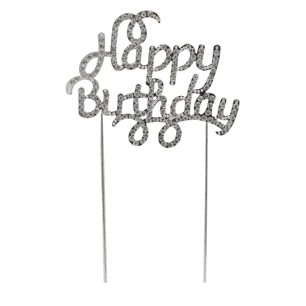 Happy Birthday Cake Topper Silver With Silver Nugs Metal