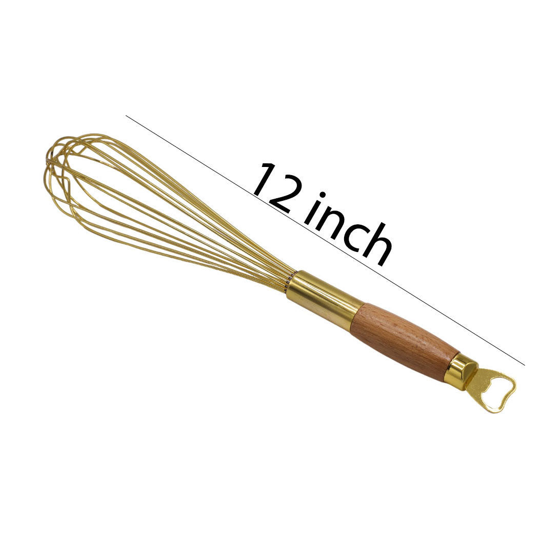 Stainless Steel Golden Colored Hand Whisk With Wooden Handle 12 Inch
