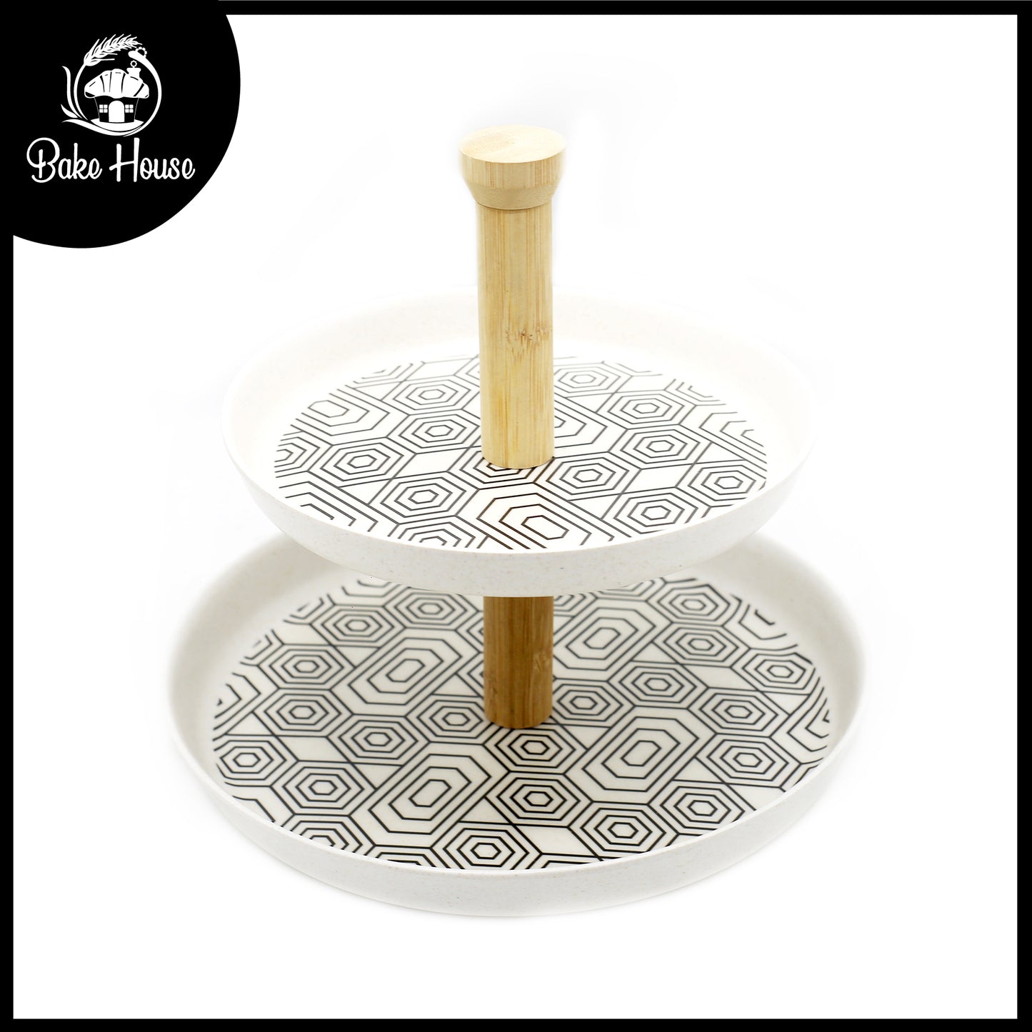 Geometric Pattern 2-Tier Bamboo Plate With Wood Stand