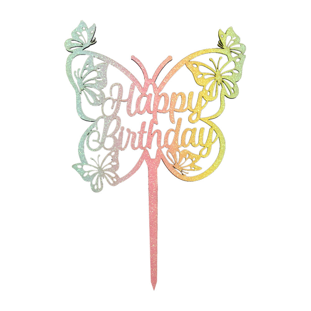 Happy Birthday Cake Topper Multicolor Butterfly Design