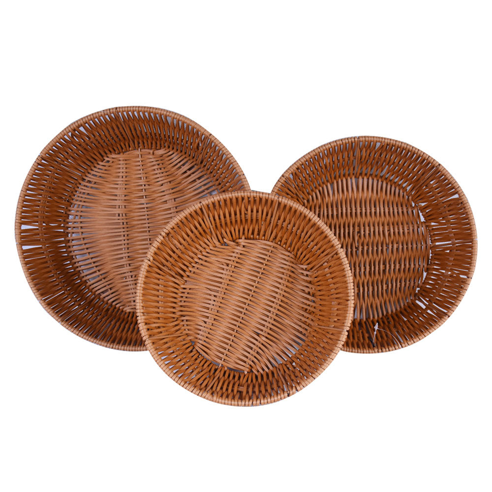 Plastic Woven Round Shape Basket Brown 3Pcs Set