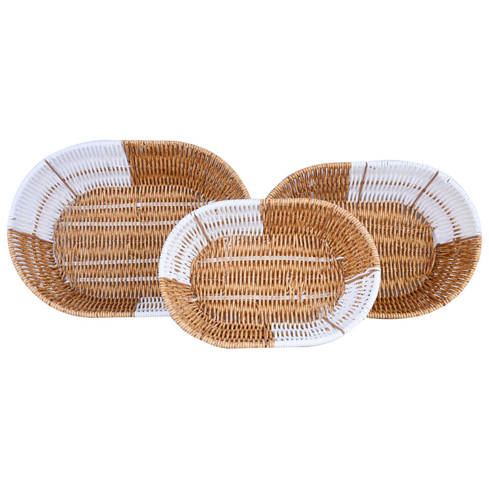 Plastic Woven Oval Shape Basket Brown & White 3Pcs Set