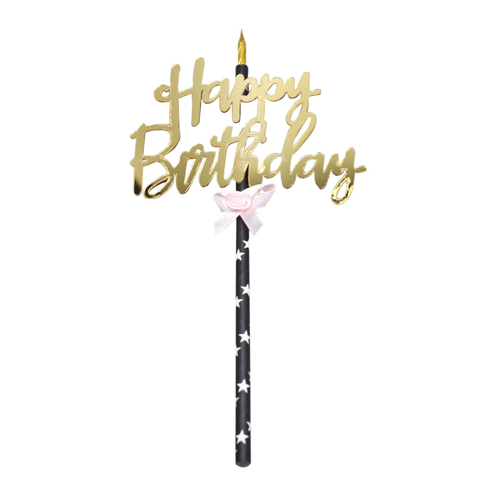 Happy Birthday Cake Topper Golden With Pink Ribbon