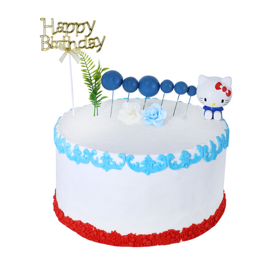 Happy Birthday Cake Topper Golden With Faux Ball, Leave, Flower, And Blue Kitty 12pcs Set