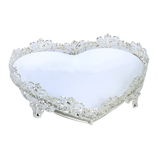 Heart Shape Decorated Silver Tray With Glass Plate