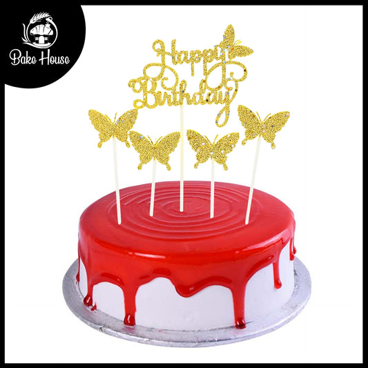 Happy Birthday And Butterfly Cake Topper Golden 5Pcs Set