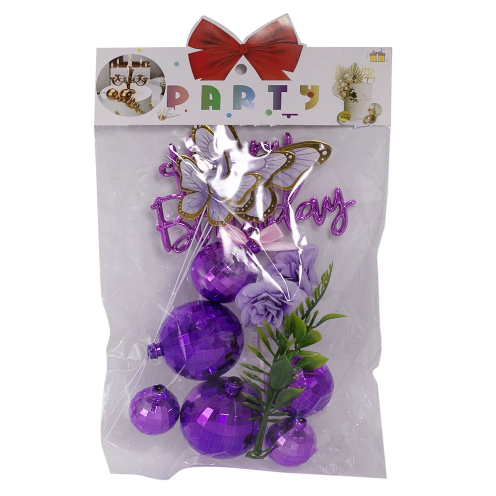 Happy Birthday Purple Cake Topper With Vintage Ball, Flower, Leave And Butterfly 12Pcs Set