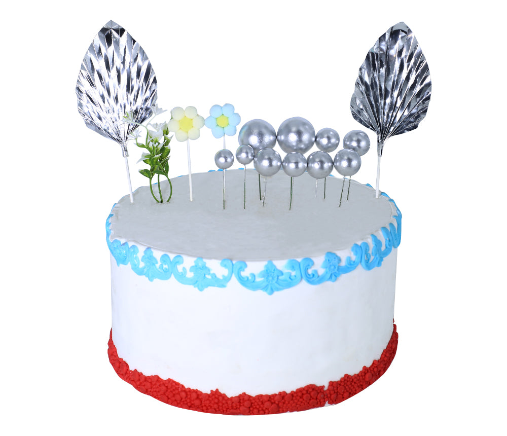 Silver Faux Ball Topper With Palm Leave, And Flower 14Pcs Set