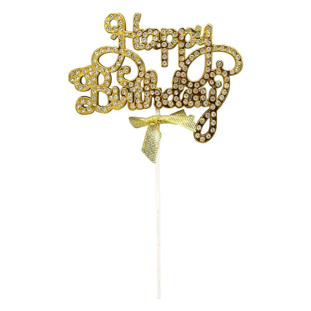 Happy Birthday Cake Topper Golden With Pink Ribbon And Silver Nugs Star (Design 2)