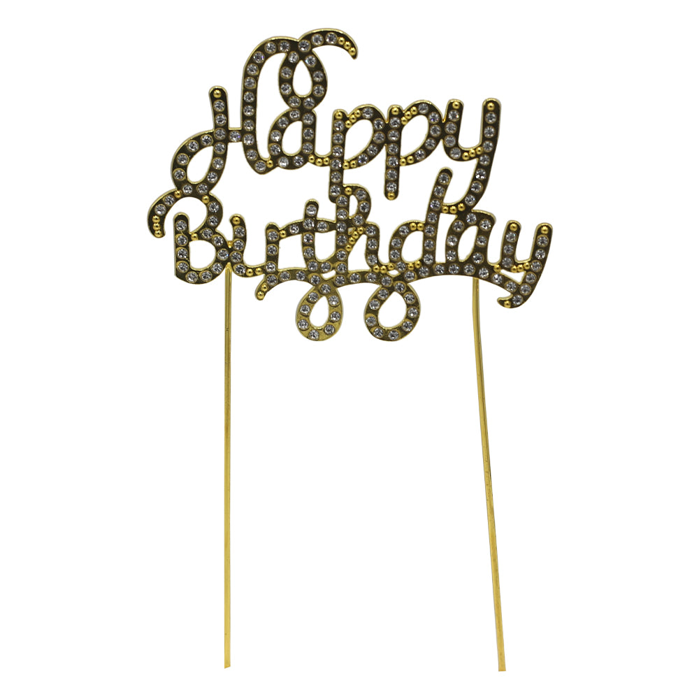 Happy Birthday Cake Topper Golden With Silver Nugs Metal