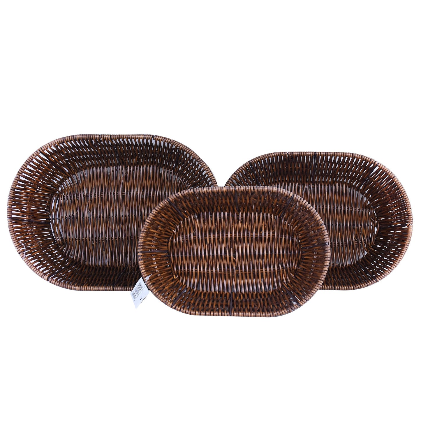 Plastic Woven Round Shape Basket Dark Brown 3Pcs Set