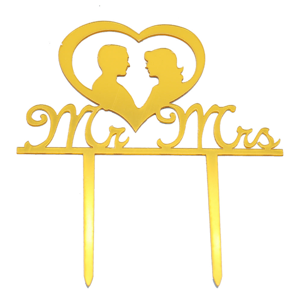 Mr & Mrs In Heart Couple Cake Topper Golden