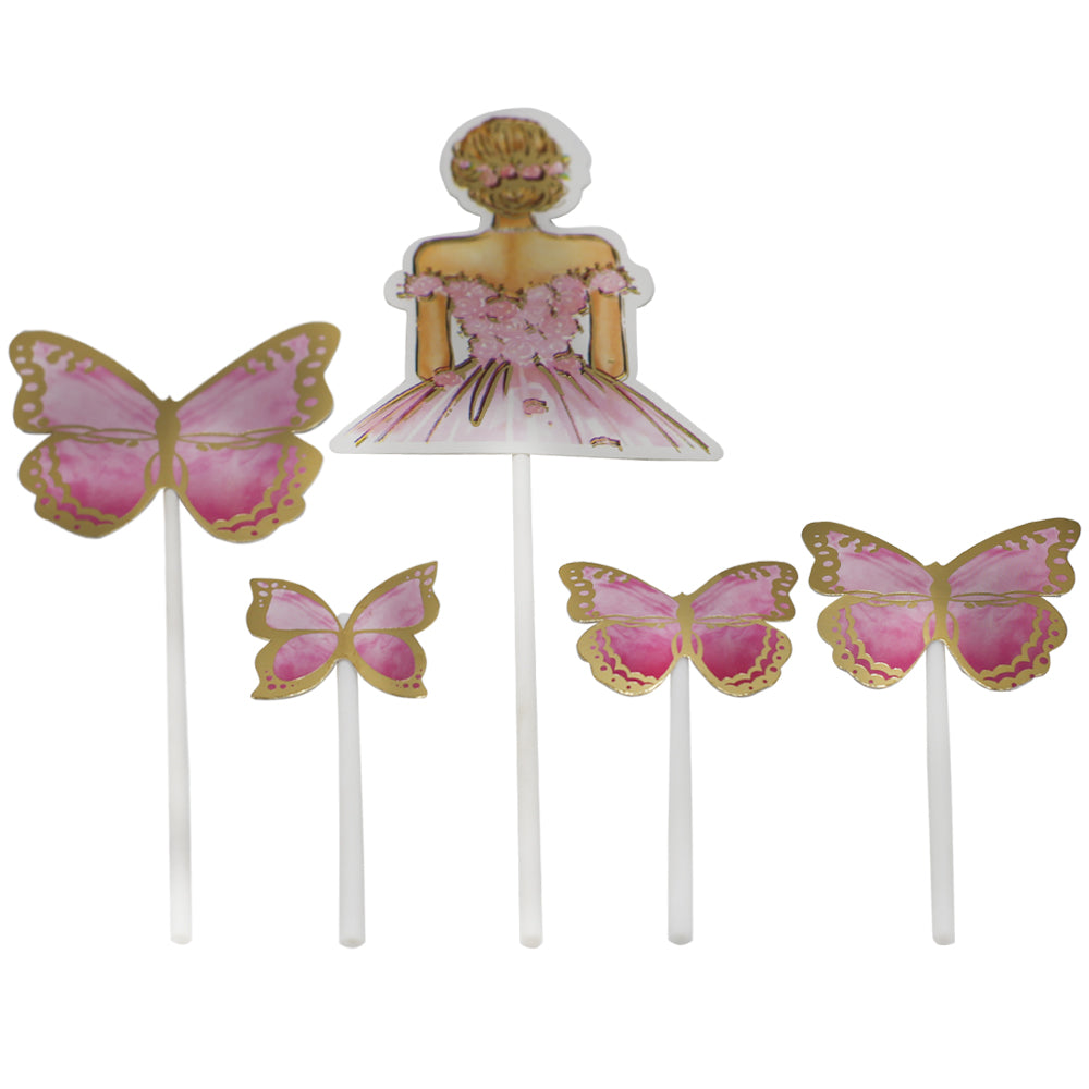 Butterfly And Girl Cake Topper 5pcs Set Pink