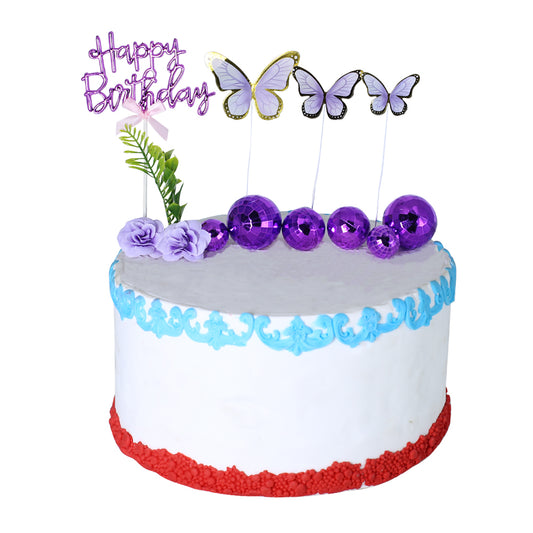 Happy Birthday Purple Cake Topper With Vintage Ball, Flower, Leave And Butterfly 12Pcs Set