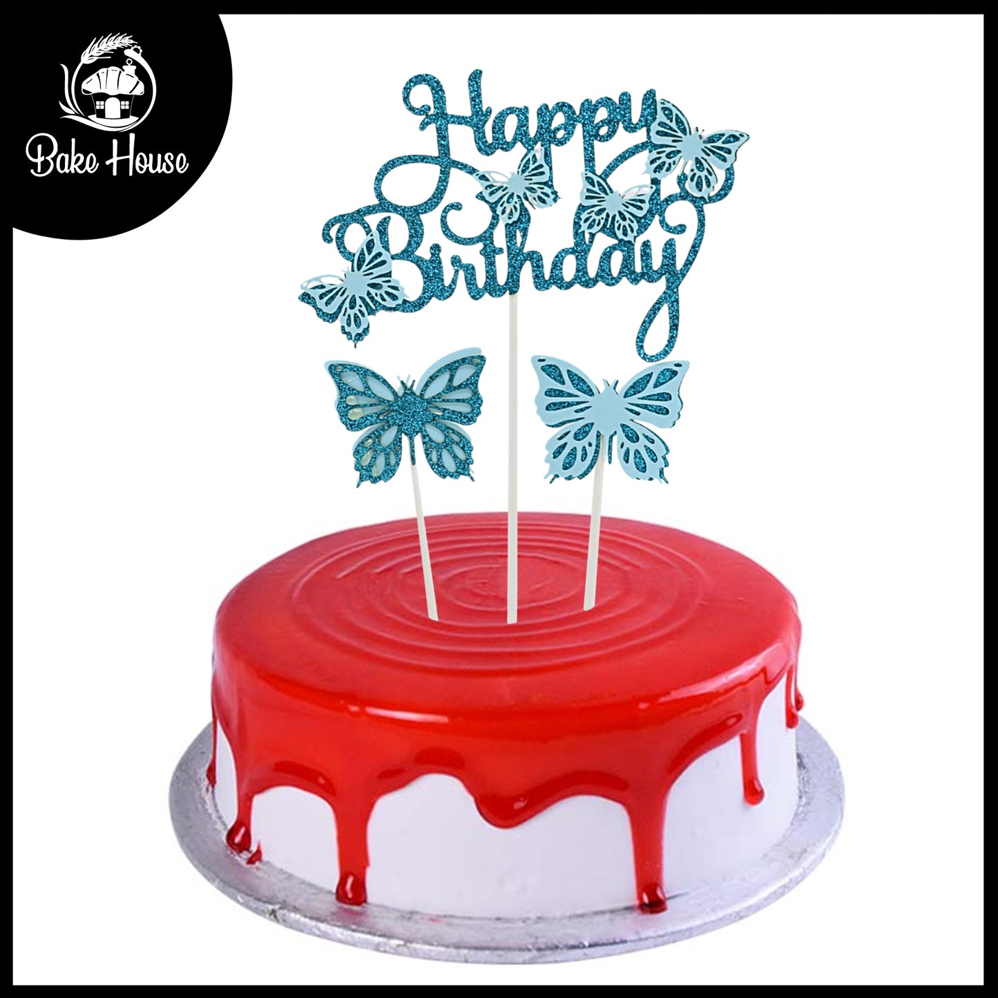 Happy Birthday And Butterfly Cake Topper 3Pcs Set Blue