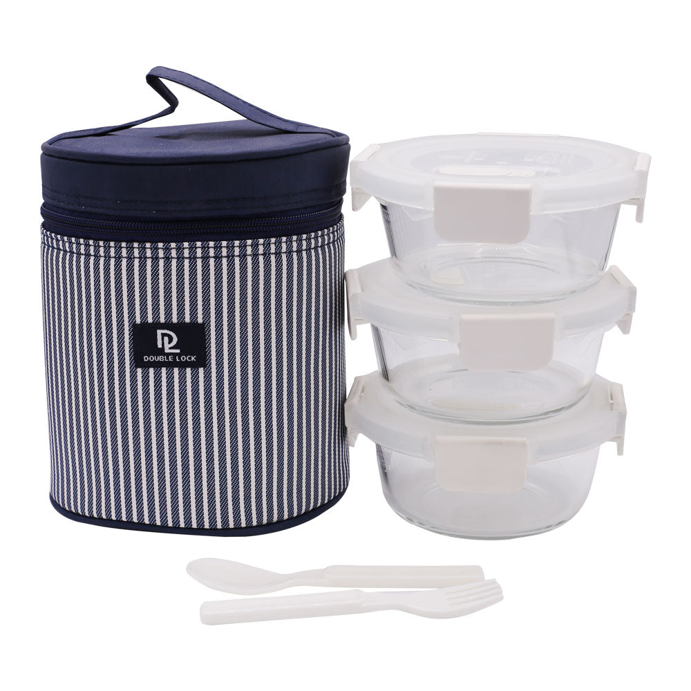 DL 3Pcs Glass Lunch Box With Round Blue Lining Bag