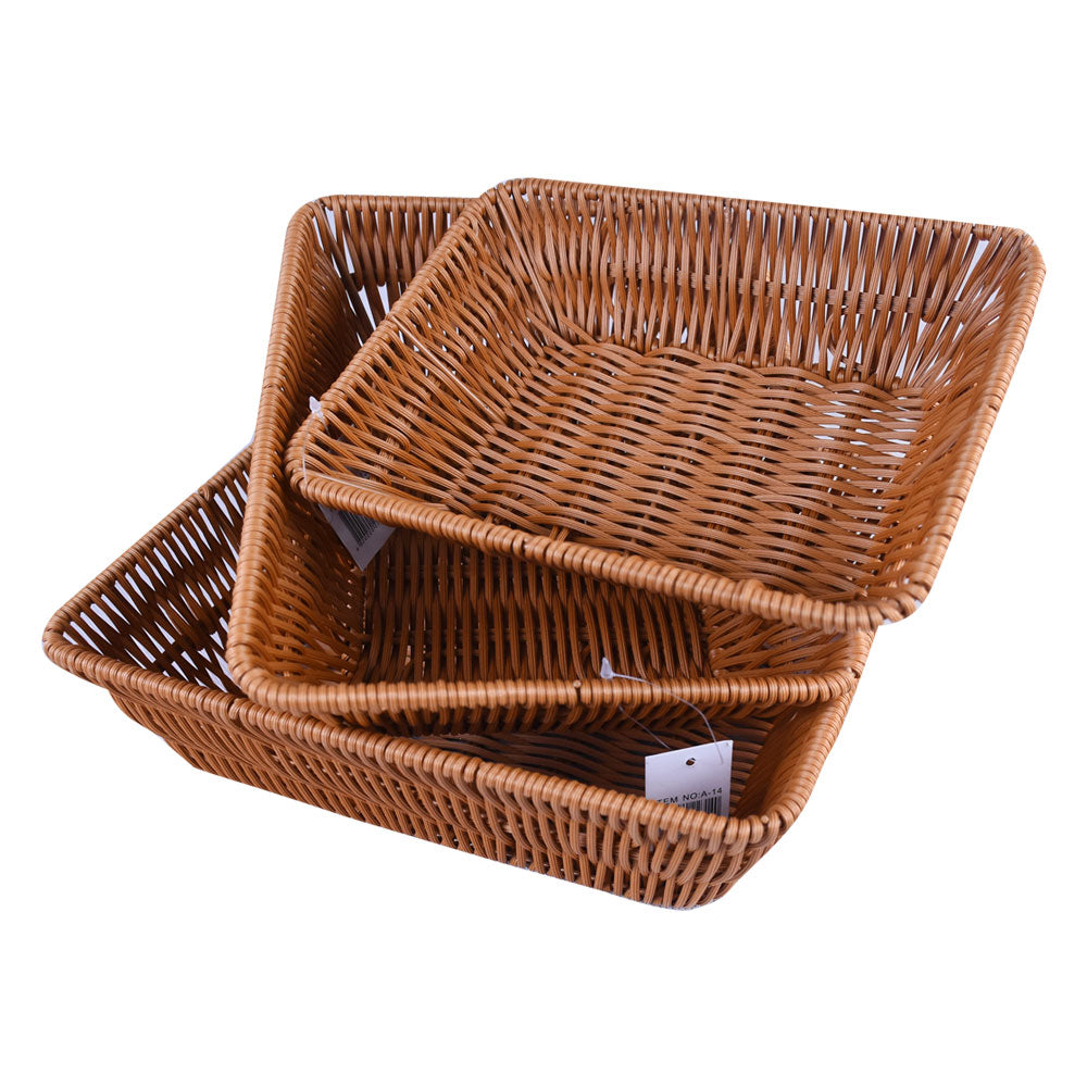 Plastic Woven Rectangle Shape Basket Brown 3Pcs Set