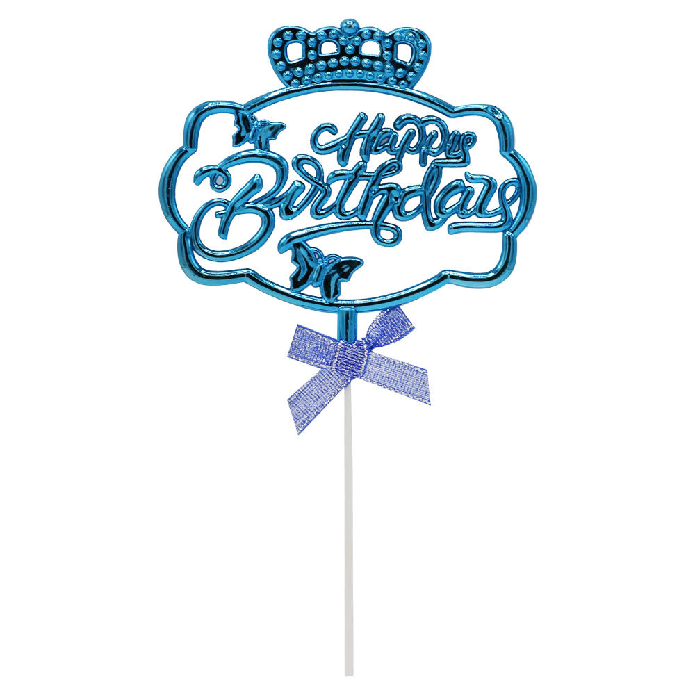 Happy Birthday Cake Topper Blue With Ribbon,Butterfly And Crown Design