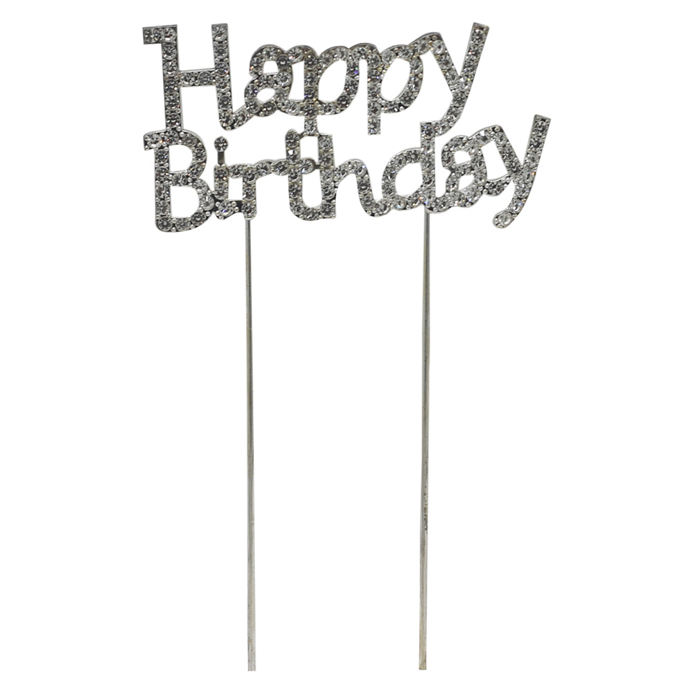 Happy Birthday Cake Topper Silver With Silver Nugs