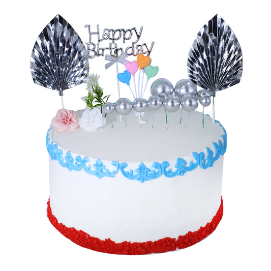 Happy Birthday Cake Topper Silver With Palm Leave, Heart, Faux Ball And Flower 17Pcs Set