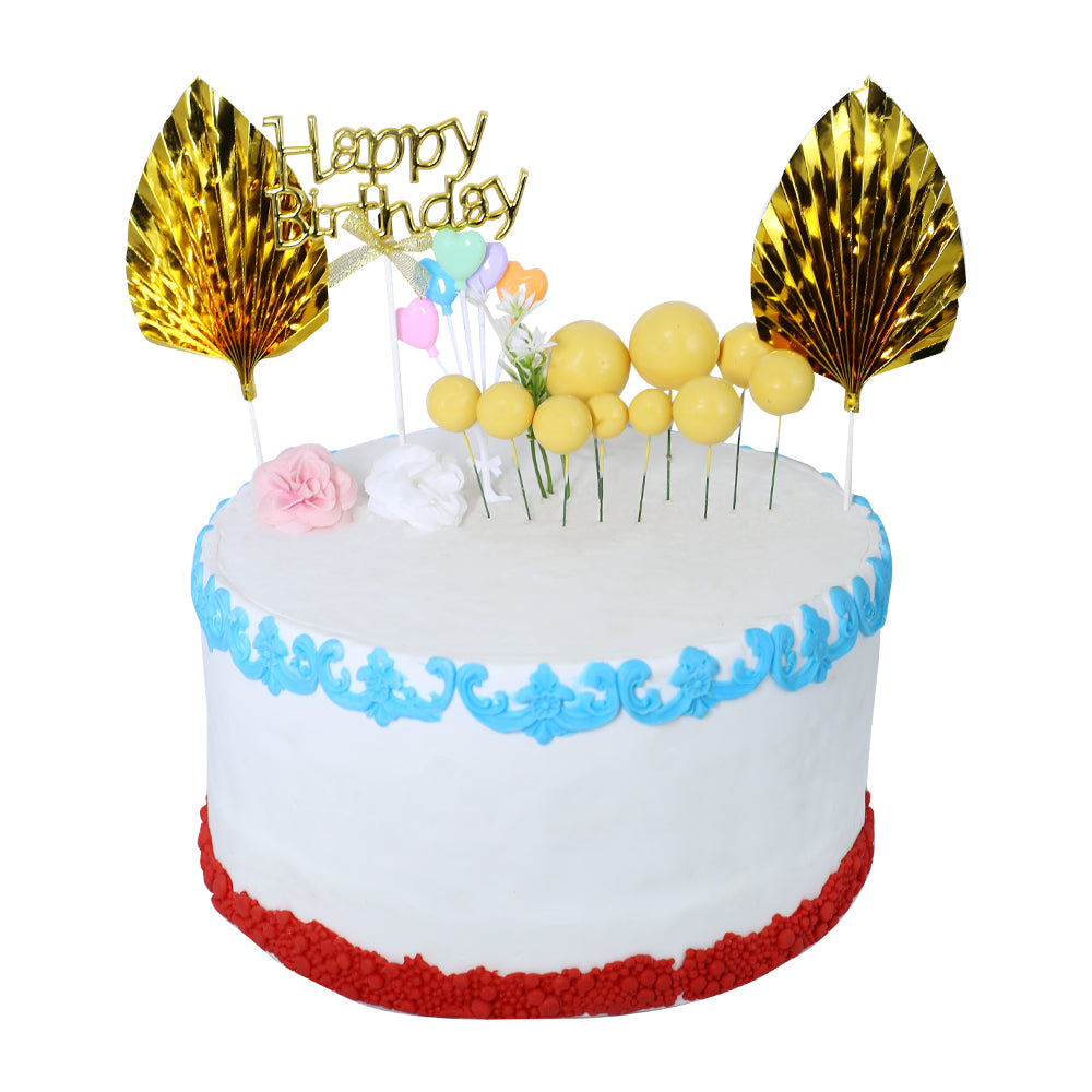 Happy Birthday Cake Topper Golden With Palm Leave Heart, Faux Ball And Flower 17Pcs Set