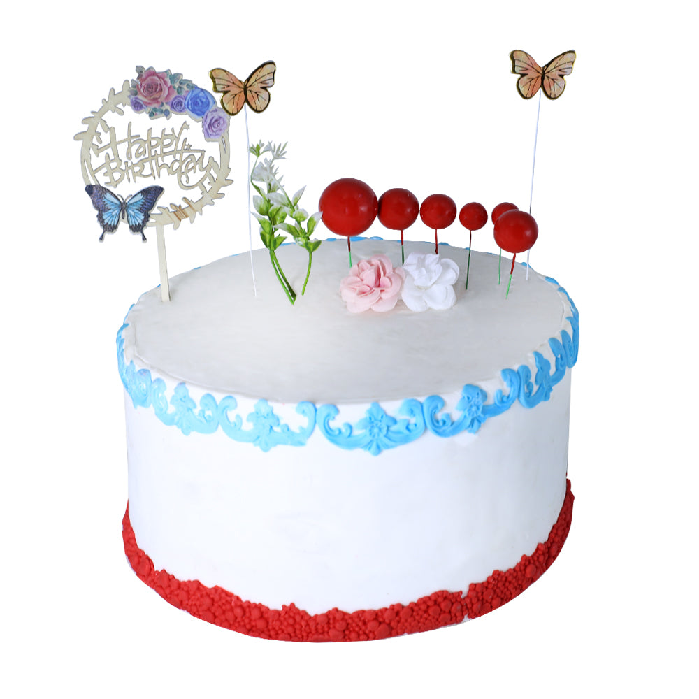 Happy Birthday Cake Topper With Faux Ball, Butterfly, And Flower 12Pcs Set (Red)