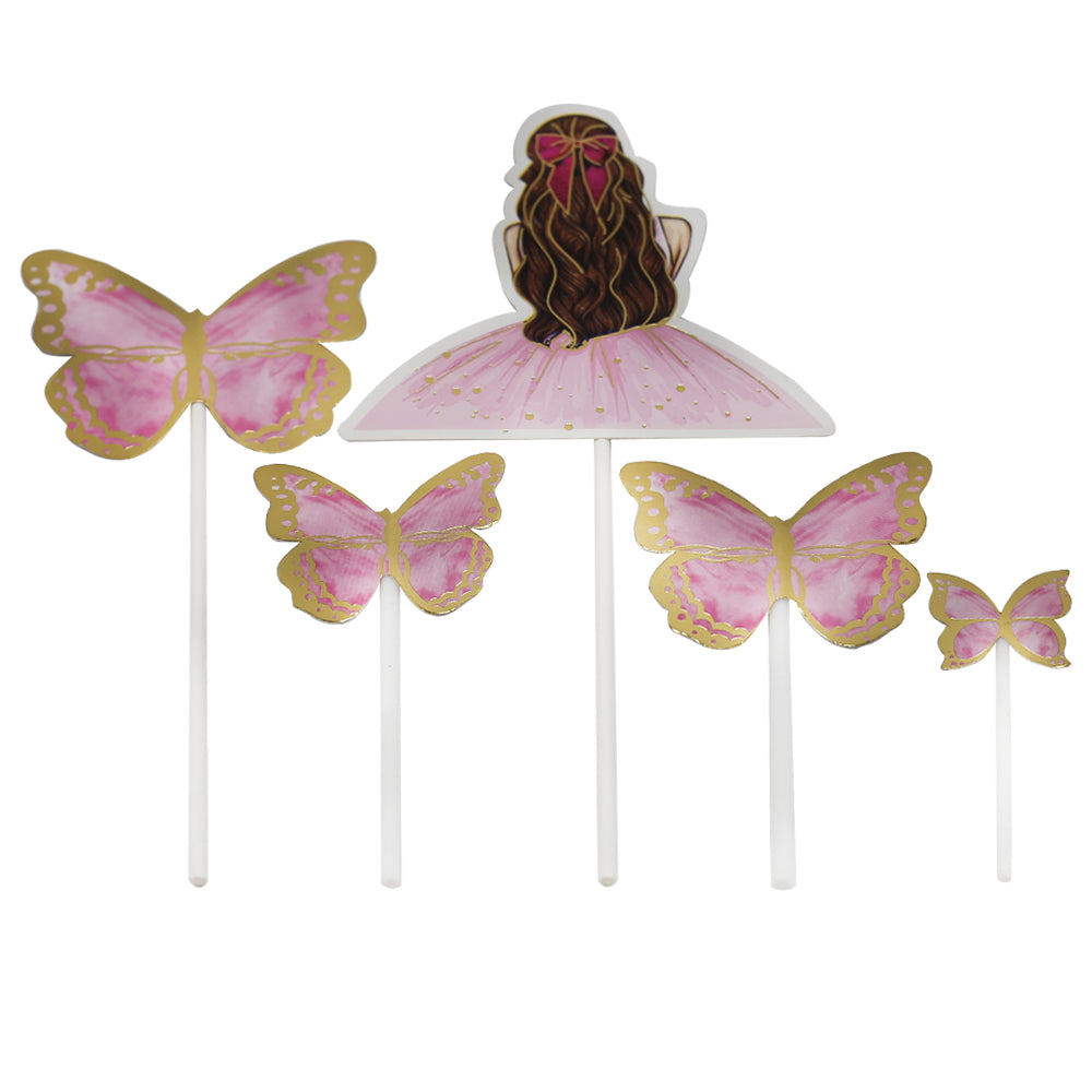 Butterfly And Girl Cake Topper 5pcs Set Pink Design 2