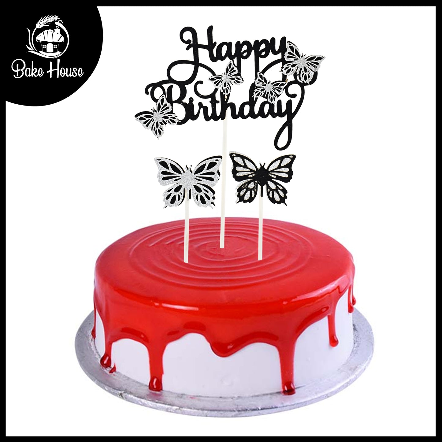 Happy Birthday And Butterfly Cake Topper 3Pcs Set Black