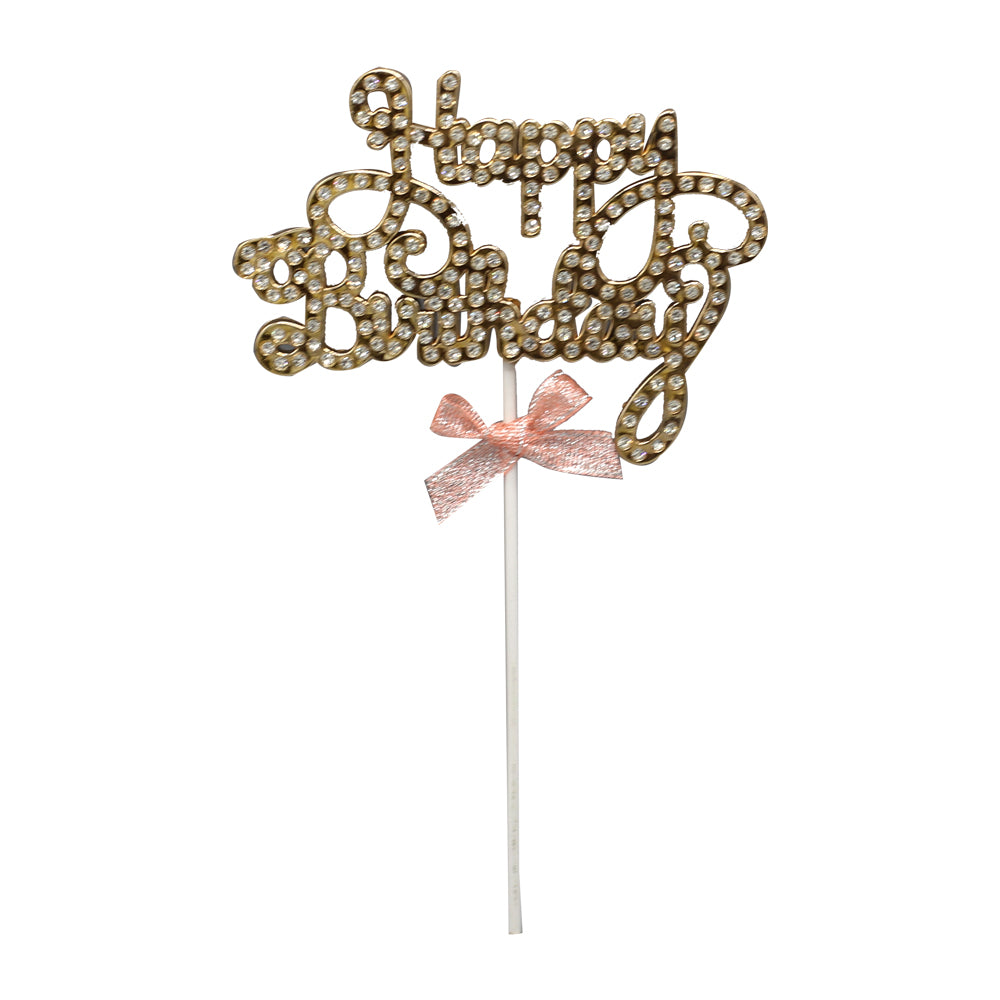 Happy Birthday Cake Topper Metallic Golden With Ribbon And Silver Nugs
