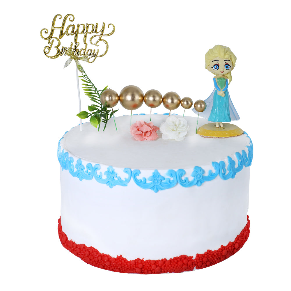 Happy Birthday Cake Topper Golden With Faux Ball, Leave, Flower, And Blue Doll 12pcs Set
