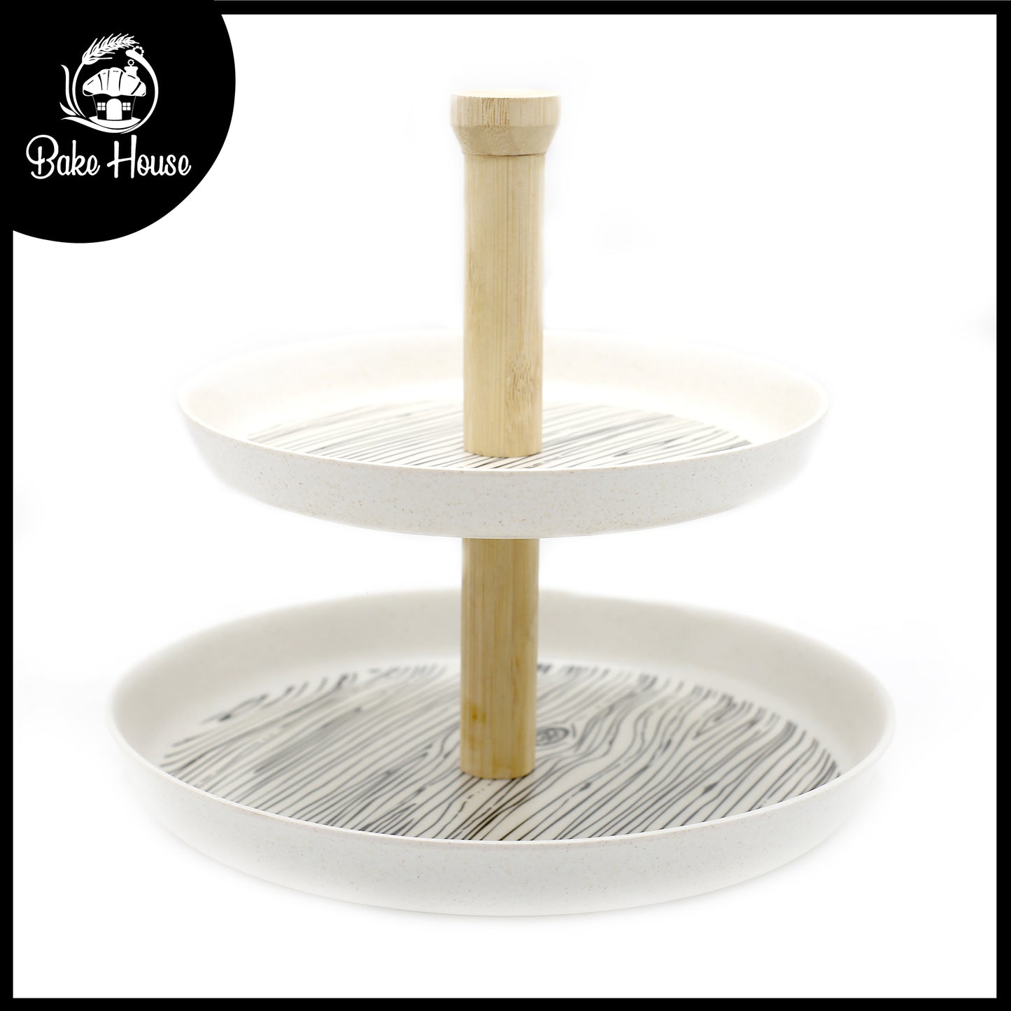 Wood Grain Texture 2-Tier Bamboo Plate With Wood Stand