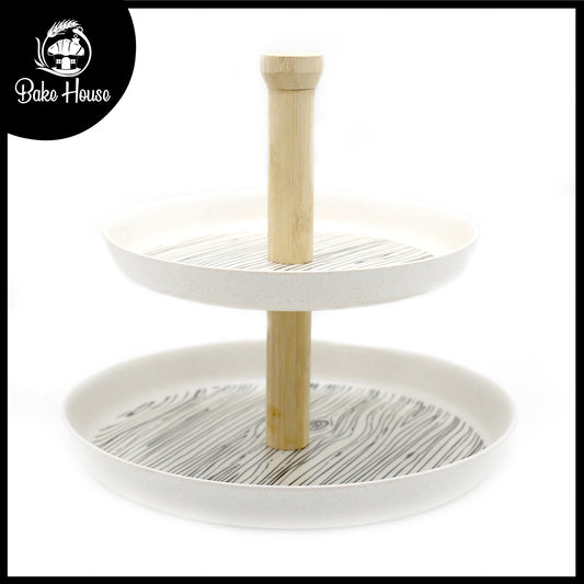 Wood Grain Texture 2-Tier Bamboo Plate With Wood Stand