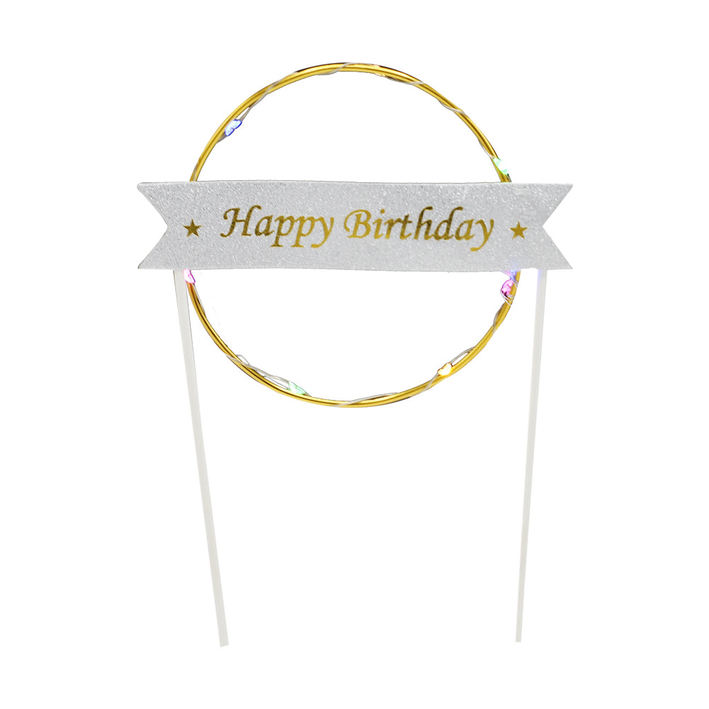 Happy Birthday Round Cake Topper Golden With Lights