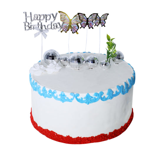 Happy Birthday Silver Cake Topper With Vintage Ball, Flower, Leave And Butterfly 12Pcs Set