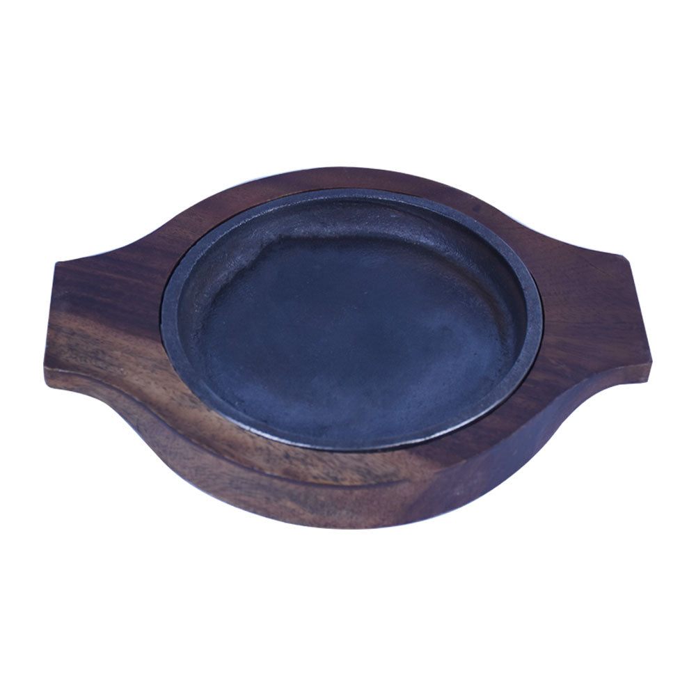 Round Cast Iron Sizzler Plate 14.5cm With Wooden Base