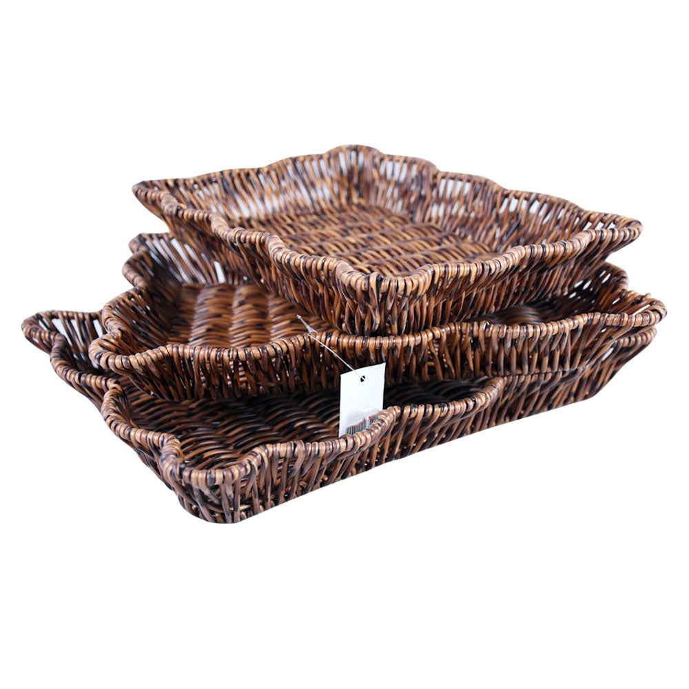 Plastic Woven Rectangle Cloud Shape Flat Tray Dark Brown 3Pcs Set