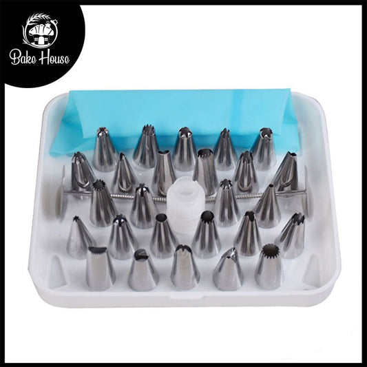26Pcs Nozzle Set Steel With Coupler, Icing Bag & 2 Flower Nails