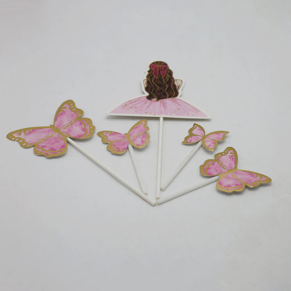 Butterfly And Girl Cake Topper 5pcs Set Pink Design 2