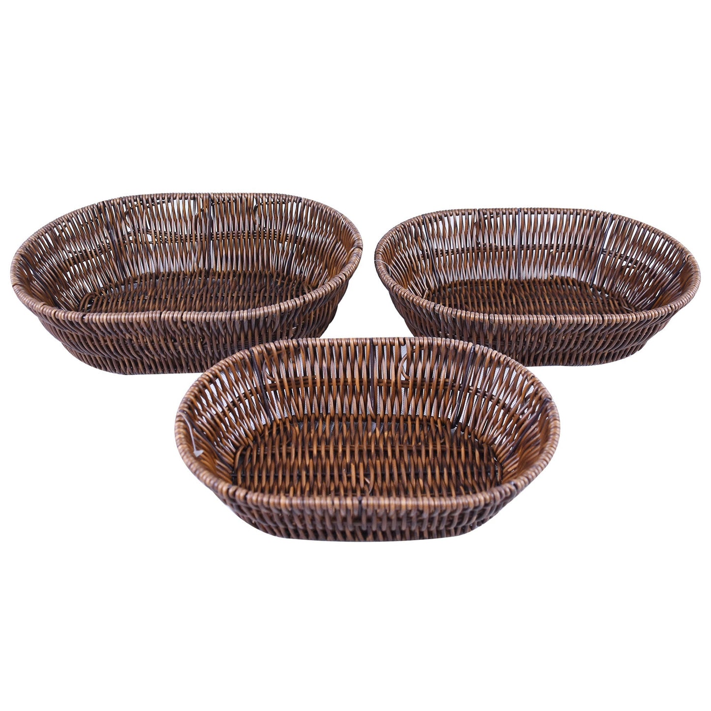 Plastic Woven Round Shape Basket Dark Brown 3Pcs Set