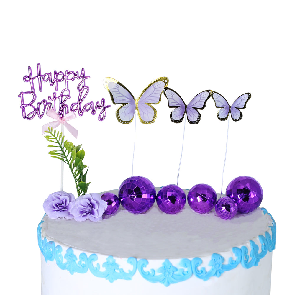 Happy Birthday Purple Cake Topper With Vintage Ball, Flower, Leave And Butterfly 12Pcs Set