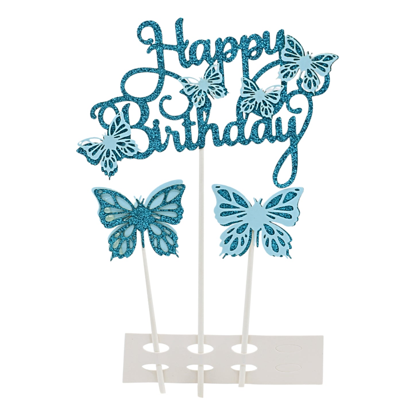 Happy Birthday And Butterfly Cake Topper 3Pcs Set Blue