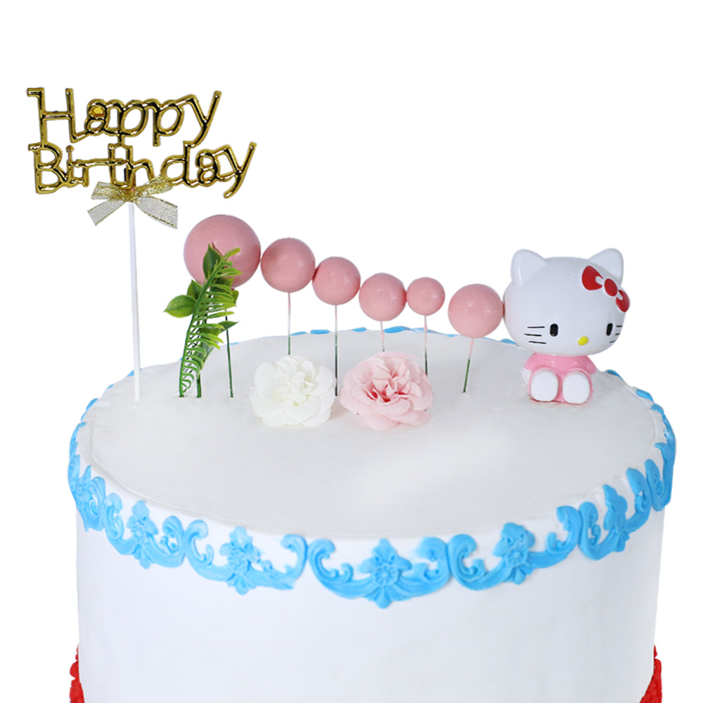 Happy Birthday Cake Topper Golden With Faux Ball, Leave, Flower, And Hello Kitty 12pcs Set