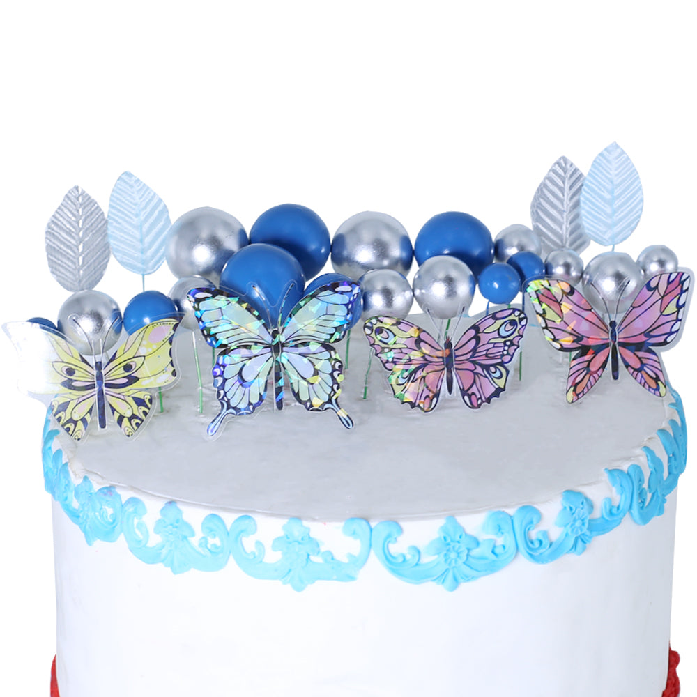 Blue And Silver Faux Ball Topper With Butterfly And Leaves 21Pcs Set