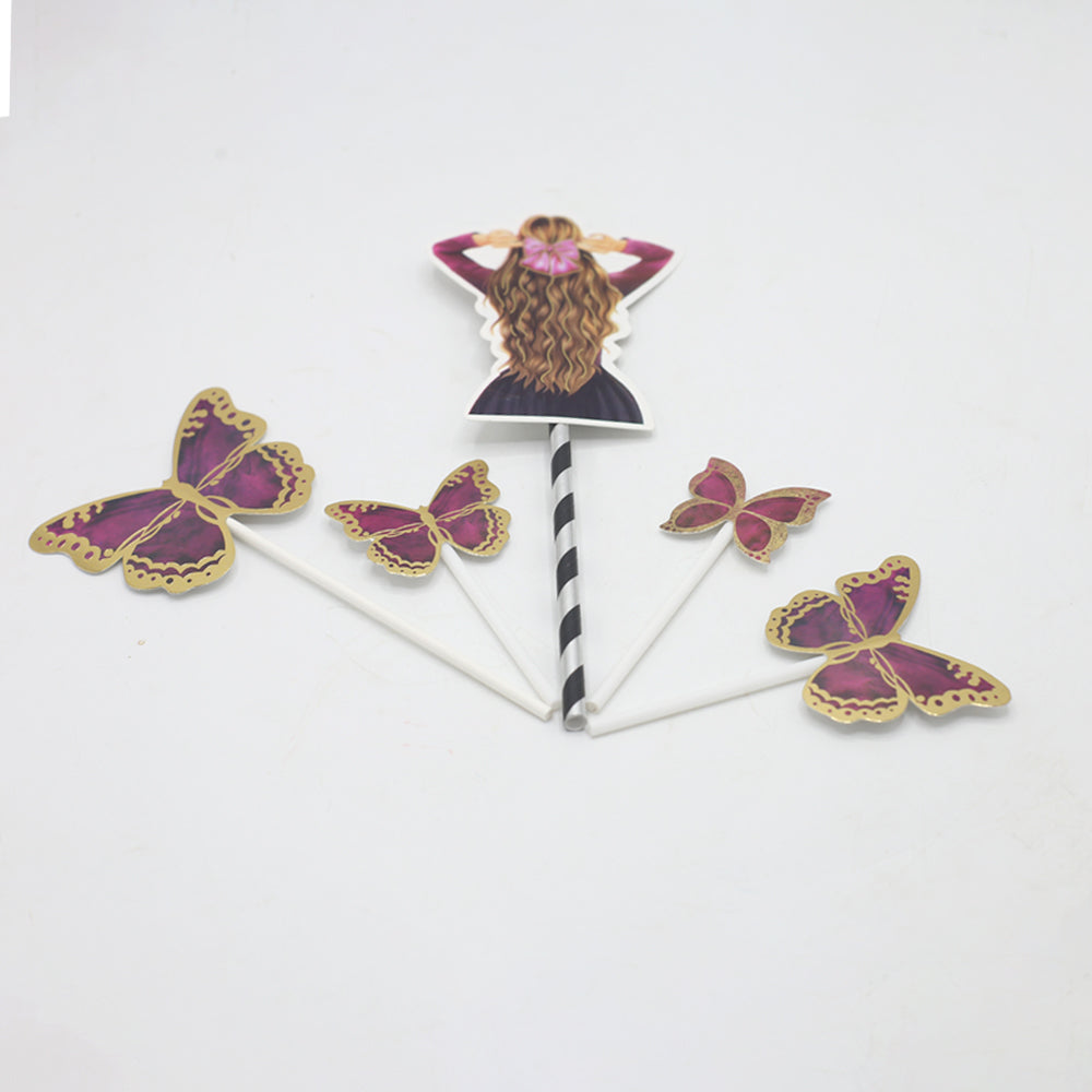 Butterfly And Girl Cake Topper 5pcs Set Purple