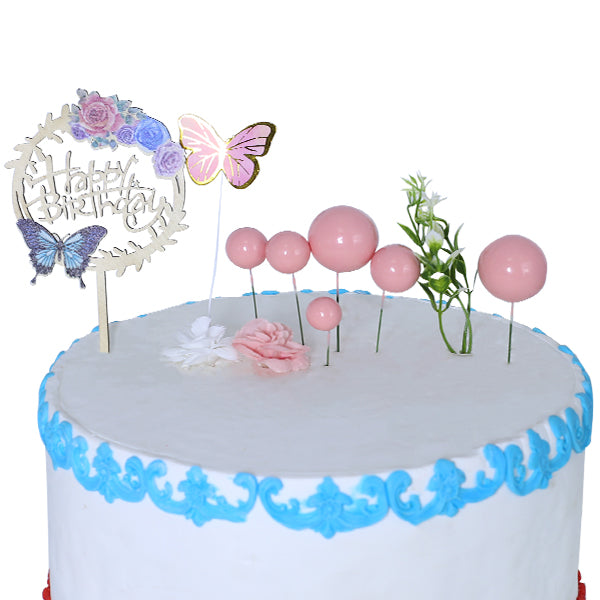 Happy Birthday Cake Topper With Faux Ball, Butterfly, And Flower 12Pcs Set (Pink)